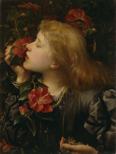 Painting by G F Watts of a young girl with blonde hair smelling camellias with her eyes closed