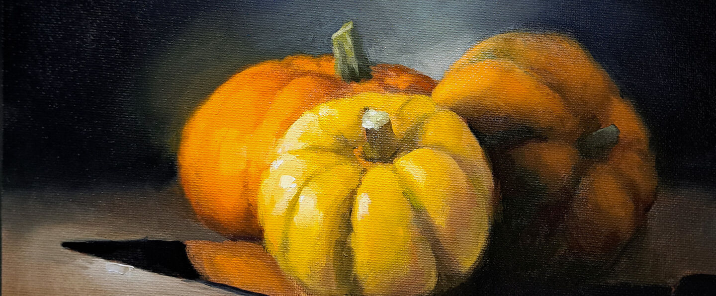 An oil painting of three orange pumpkins sitting on top of a shiny knife.