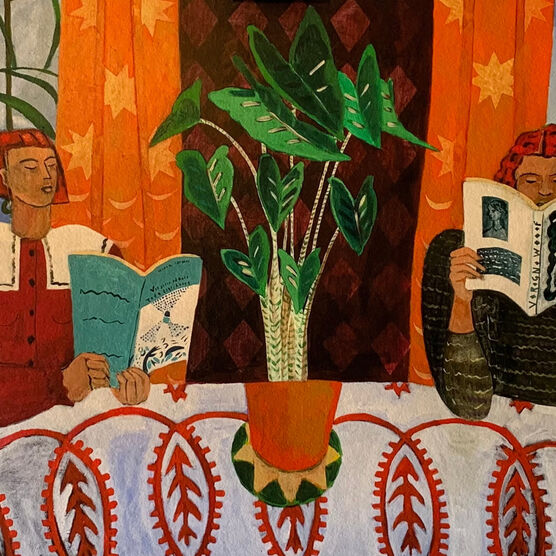 A Print by Naomi Munuo. Two red-haired individuals seated at a table, each engrossed in reading. The person on the left wears a red dress with a white collar, reading a book with a teal cover. The person on the right reads a magazine. A large leafy plant sits in a brown vase between them. The scene is set in a room with orange star-patterned curtains, a patterned tablecloth, and glimpses of a sea and sky outside the windows.