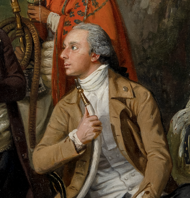 Portrait of a man in profile, wearing a tan jacket over a white vest and high-collared shirt, holding a smoking pipe, with others visible behind him in period attire.