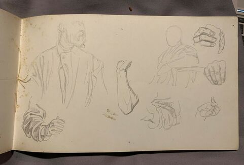 Sketchbook featuring sketches of hands and drapery