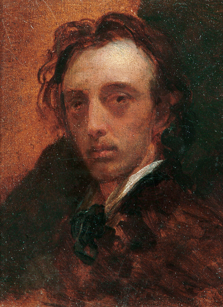Painting of G F Watts, he has wavy hair and looks directly at the viewer