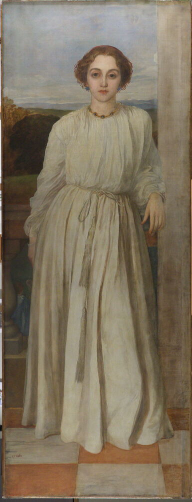 Portrait of Sophia Dalrymple, she wears a white gown and has her hair tied up