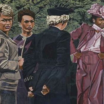 Coloured pencil drawings of four women, two look straight at the viewer, while one is faces away and the fourth looks to the side