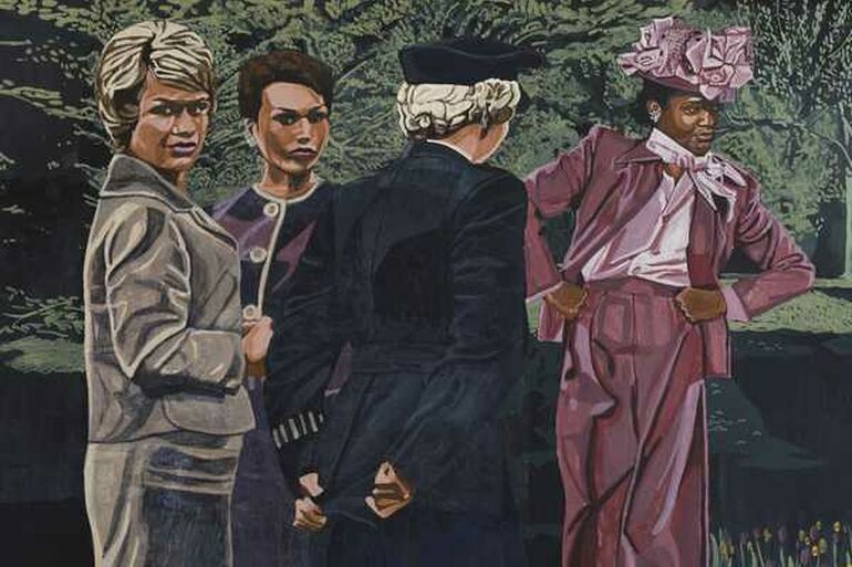 Coloured pencil drawings of four women, two look straight at the viewer, while one is faces away and the fourth looks to the side