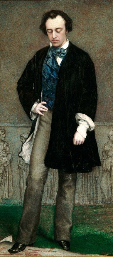 A full-length portrait of a young G F Watts, clean shaven and wearing a blue waistcoat and black overcoat