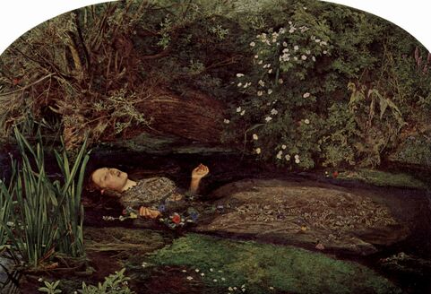 Painting by John Everett Millais of a lady laying in a river surrounded by reeds and foliage