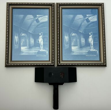 Stereoscpic Cyanotype of the sculpture Aurora by G F Watts in the Watts Gallery