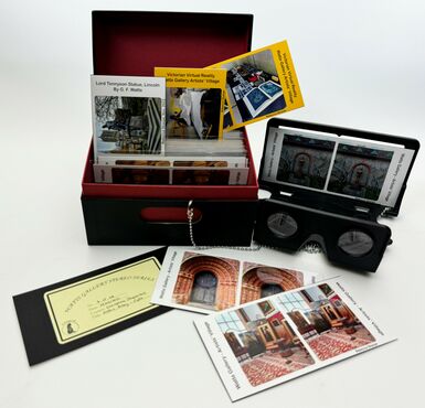 Product image of a box of stereoscopic images taken by Rebecca Sharpe, with a stereo viewer beside the box