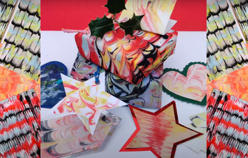 A collage of vibrant and colourful abstract art pieces, including patterns resembling butterfly wings and star shapes, arranged in a symmetrical layout.