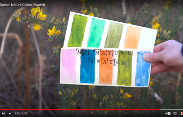 A hand holding a swatch book titled "my nature swatch" featuring various watercolour patches in shades of green, orange, pink, and blue, against a background of yellow flowers.