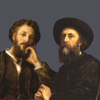 Cut-out images of portraits by G F Watts of himself and Frederic Leighton