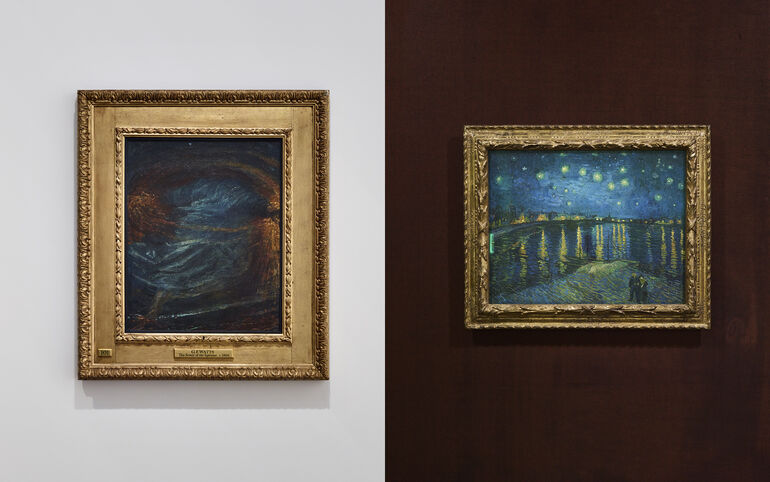 Two photos next to each other. The first one is a photo of the painting The Sower of the Systems by G F Watts. The one on the right is Vincent Van Gogh’s Starry Night Over the Rhône
