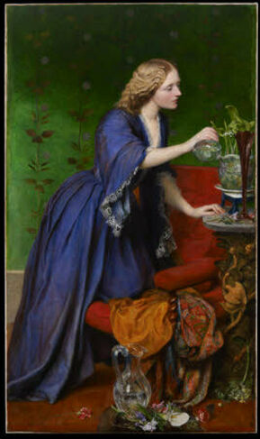 A full-length portrait of female, turned to right, in an informal blue bell-shaped dress with no undersleeves and low-cut neck, kneeling on crimson armchair, watering lilies of the valley on gilt console table. Flowers and carafe in foreground to right; in the background green wallpaper with floral pattern.