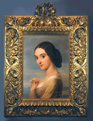 Portrait of Mary Augusta, Lady Holland, a young woman with dark brown hair looking directly at the viewer playing with the pearl necklace she's wearing