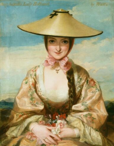 Painting of a woman in a peach floral dress, wearing a straw hat which is fastened with a pink bow