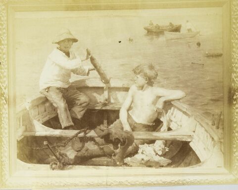 Sepia photo of two young boys in a boat