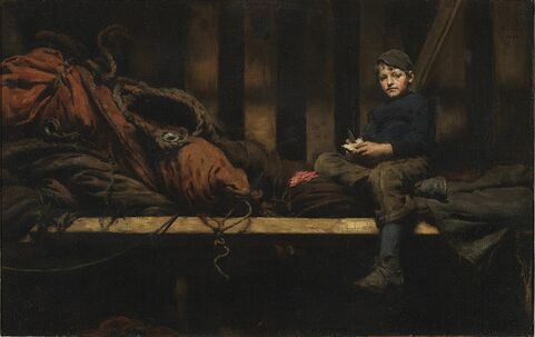 Oil painting of a boy eating in a small wooden loft space