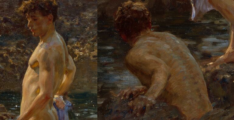 Close ups of Tuke's oil painting of bathing men