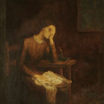 A woman in a red dress with one hand on her head sat in a chair in a dark room