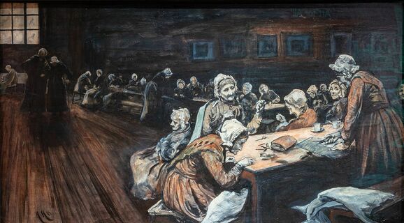 Painting of a group of elderly women in Victorian dress