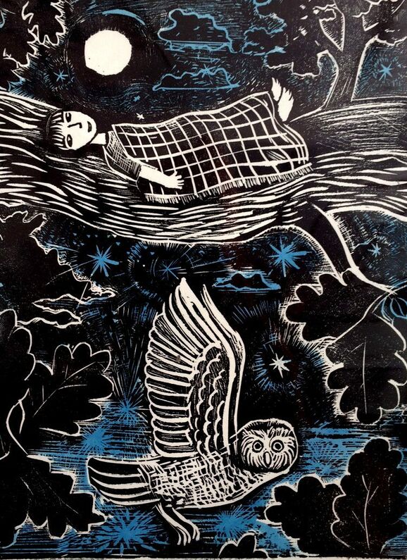 a screen print of a girl on a bough with an owl flying underneath