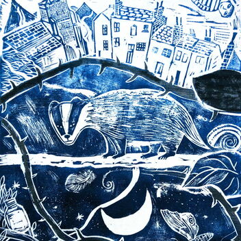 blue and white screenprint of a badger