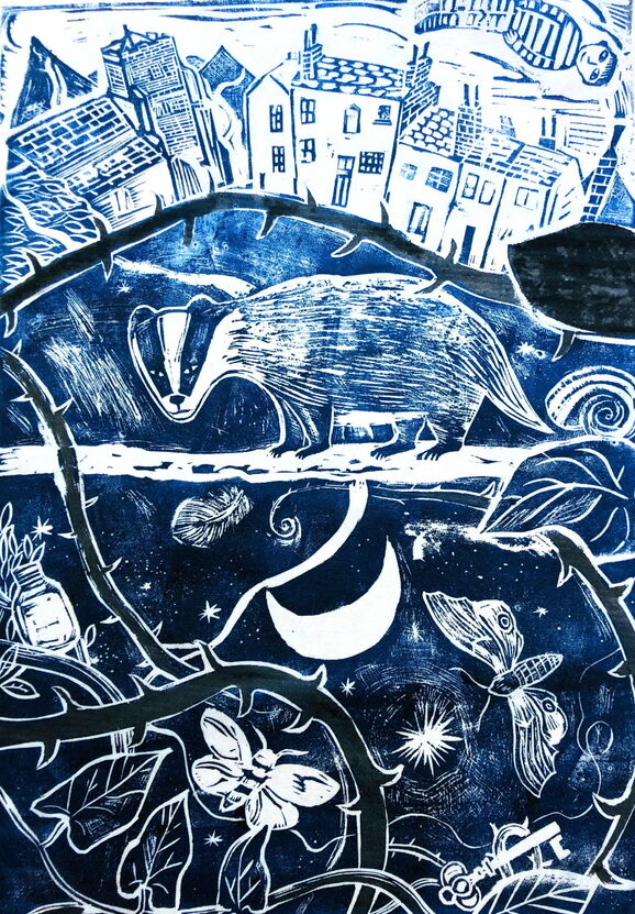 blue and white screenprint of a badger