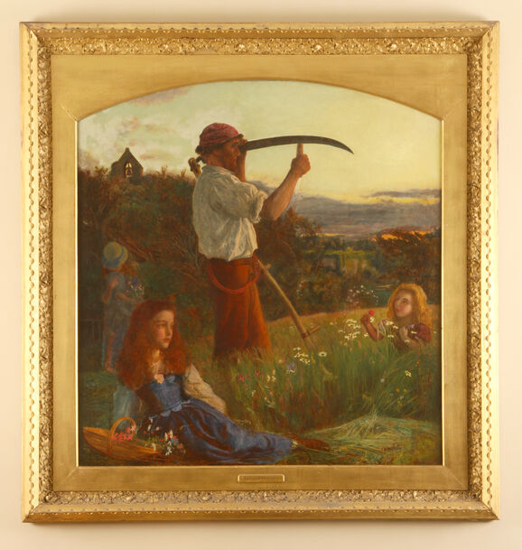 Oil on canvas depicting a man mowing grass