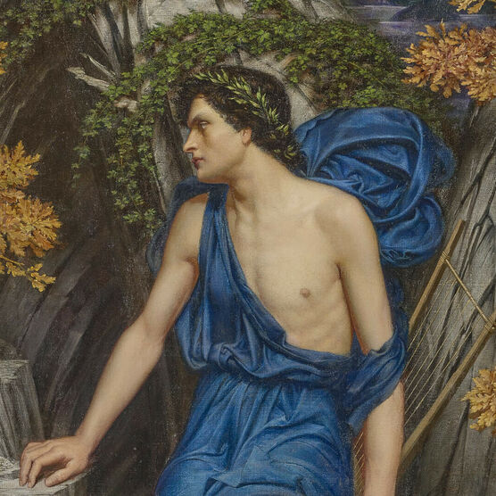 A painting of a young man with dark hair wearing a blue toga, he stands surrounded by rock and foliage and turns to the side, facing away from the viewer