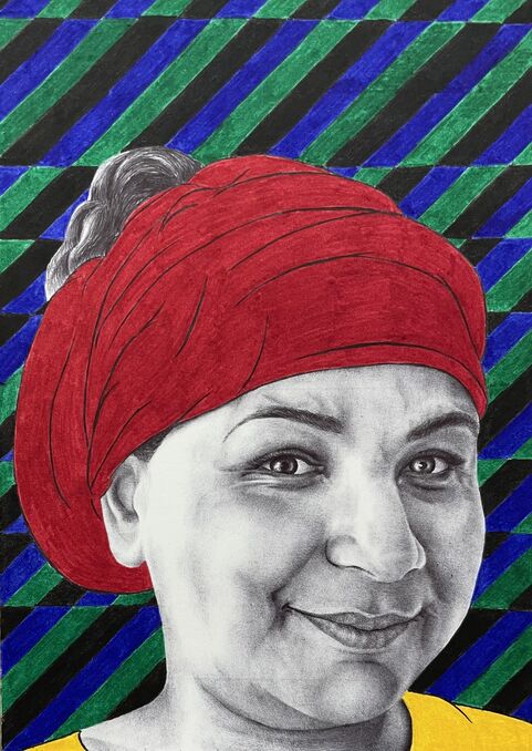 A pen drawing of a woman with her hair wrapped in red cloth wearing a yellow shirt, there is a blue, green and black background