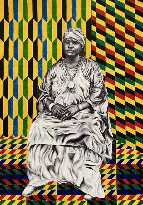 Pen drawing of a woman sat down with a colourful green, yellow, blue, red and black clock colour background