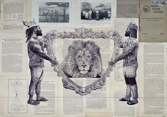 A pen drawing of two men holding up a plaque containing a lion, the drawings has been done on a collage of book pages