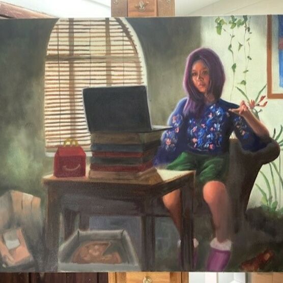 An oil painting of a young woman with purple hair sat on a chair next to a table, on it a laptop is balanced on top of several books, and a MacDonalds happy meal box sits next to it.