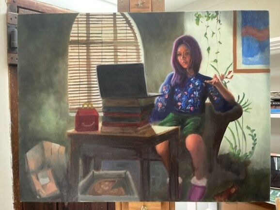 An oil painting of a young woman with purple hair sat on a chair next to a table, on it a laptop is balanced on top of several books, and a MacDonalds happy meal box sits next to it.