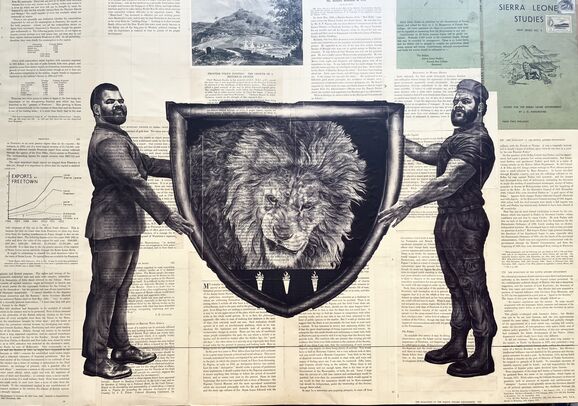 A biro drawing on pages from an old book. Two men, one in a suit and one wearing a labourers outfit, both modelled on artist Habib Hajallie, hold up a a plaque depicting a grizzled, angry lion.
