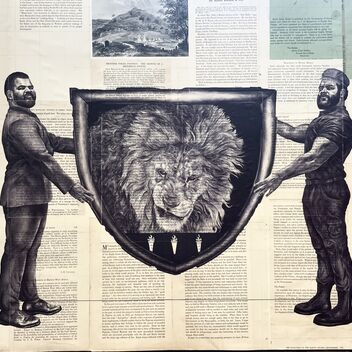 A biro drawing on pages from an old book. Two men, one in a suit and one wearing a labourers outfit, both modelled on artist Habib Hajallie, hold up a a plaque depicting a grizzled, angry lion.