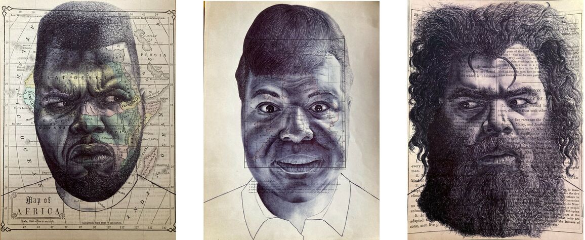 Three ball point pen portraits of artist Habib Hajallie drawn as three different caricatures of himself according to stereotypes