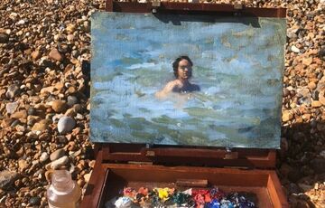 Swimming man in Whitstable oil painting on beach