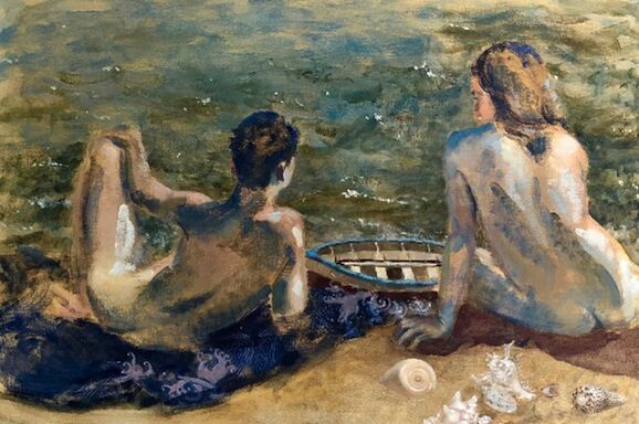 Two nude figures on the beach with a small boat and sea
