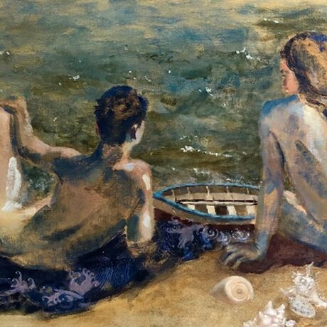 Two nude figures on the beach with a small boat and sea