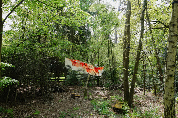 Photo of an abstract sculpture suspended in between trees in a woodland, made from canvas, featuring expressive orange paint marks