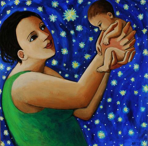 Print of a woman holds aloft a baby, the background is stars