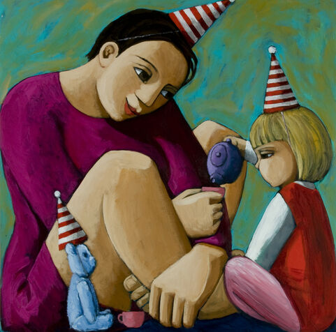 Print of a woman sat with a child, both wear part hats, as does a teddy at their feet