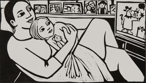 Print of a woman lying down holding a child with a teddy watching a cartoon