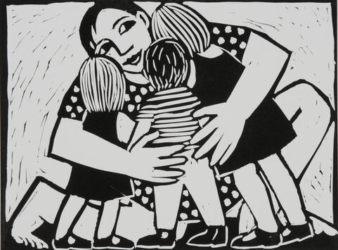 Print of crouched woman hugging three children