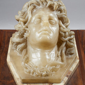 Carved severed head of Medusa from above
