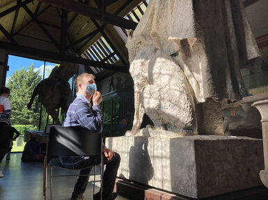 Chris Pavia in the sculpture gallery during the filming of Beyond the Waves