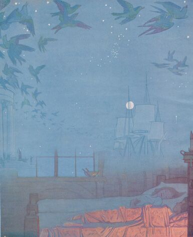 Painting of dreamlike scene with blue birds and a child sleeping