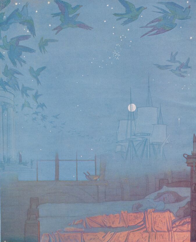 Painting of dreamlike scene with blue birds and a child sleeping